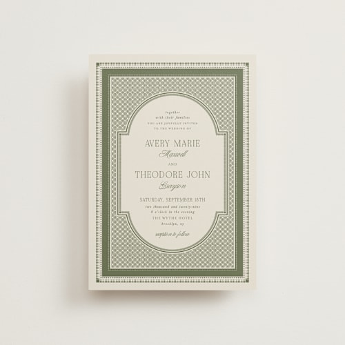 This is a moss petite wedding invitations with standard by Kelly Watkins called literary printing on signature in petite