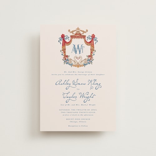 This is a royal petite wedding invitations with standard by Cass Loh called swan crest printing on signature in petite