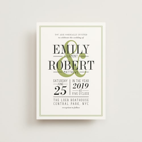 This is a moss petite wedding invitations with standard by Ariel Rutland called wed in type printing on signature in petite