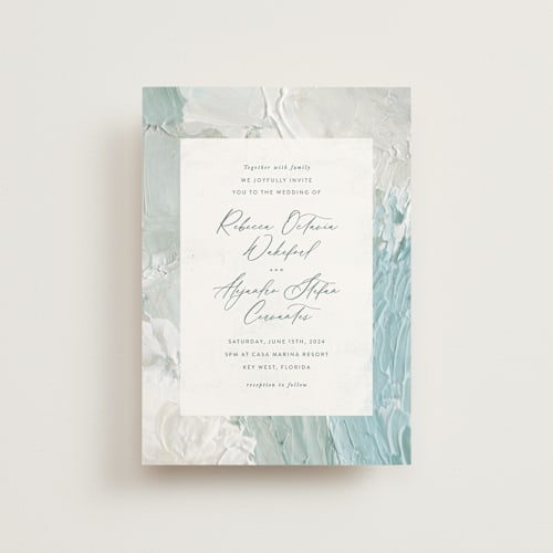 This is a aqua petite wedding invitations with standard by Hooray Creative called tidal wave printing on signature in petite
