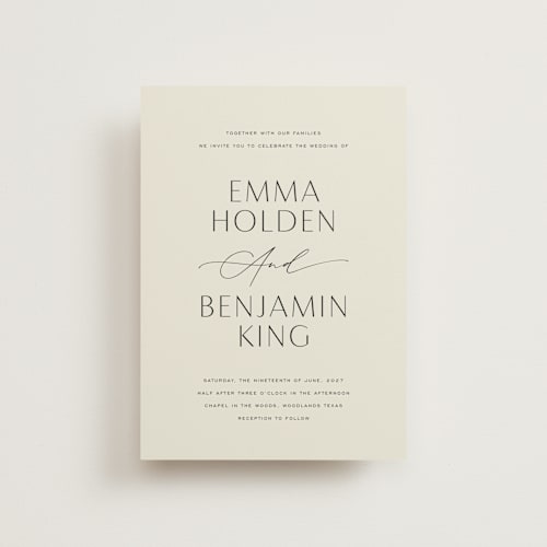 This is a porcelain petite wedding invitations with standard by Jennifer Postorino called glide printing on signature in petite