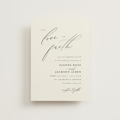 This is a vanilla petite wedding invitations with standard by Louise Kay called love and faith printing on signature in petite