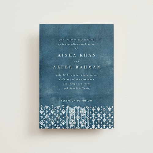 This is a indigo petite wedding invitations with standard by Nazia Hyder called kantha quilt printing on signature in petite