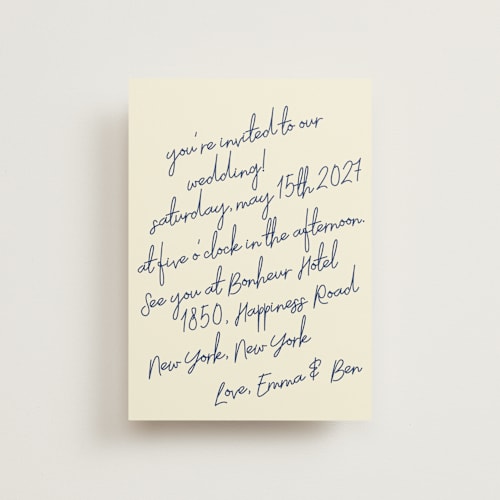 This is a blue velvet petite wedding invitations with standard by Helena Vitto called handwritten letter printing on signature in petite