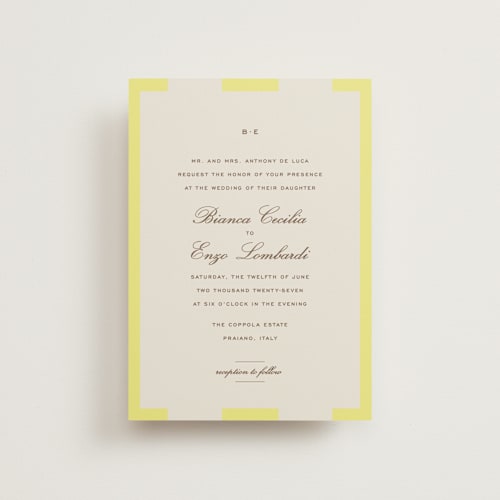 This is a limone petite wedding invitations with standard by Megan Davis called campania printing on signature in petite
