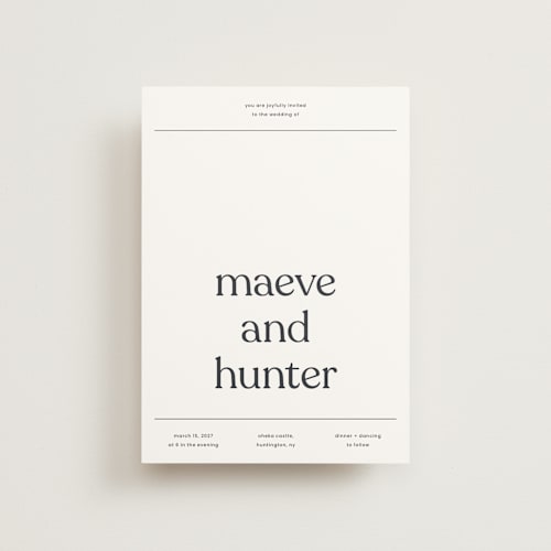 This is a charcoal petite wedding invitations with standard by Blustery August called memo printing on signature in petite