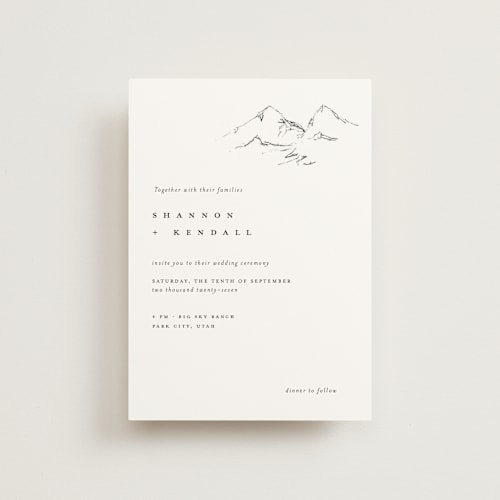 This is a snow petite wedding invitations with standard by Mere Paper called sketched mountains printing on signature in petite