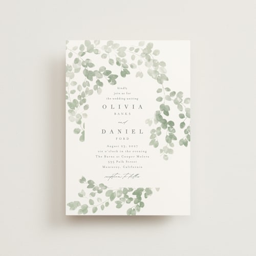 This is a eucalyptus petite wedding invitations with standard by Kristie Kern called vining printing on signature in petite