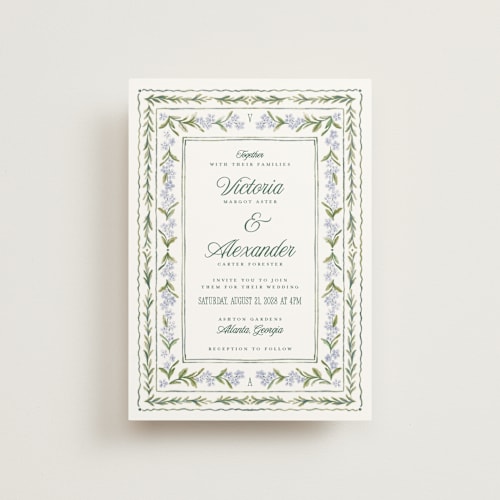 This is a wisteria petite wedding invitations with standard by Jenna Holcomb called vintage sketched printing on signature in petite