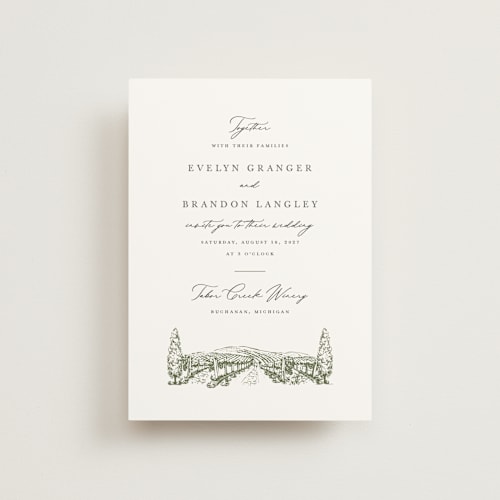 This is a olive petite wedding invitations with standard by Sarah Brown called vineyard printing on signature in petite