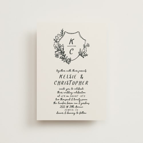 This is a ink petite wedding invitations with standard by Kelly Watkins called botanical crest printing on signature in petite