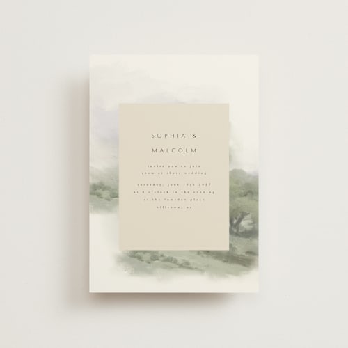 This is a moss petite wedding invitations with standard by Hannah Williams called hillside printing on signature in petite