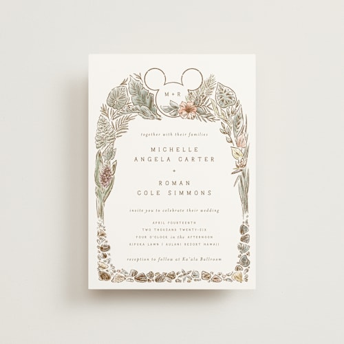 This is a earth petite wedding invitations with standard by Shiny Penny Studio called disney's mickey mouse tropical frame printing on signature in petite