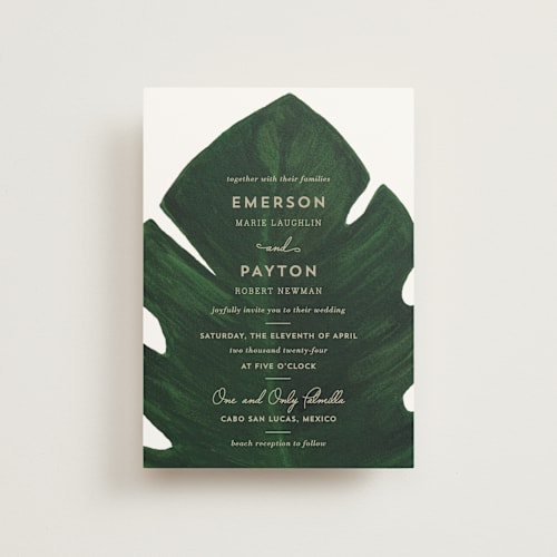 This is a classic palm petite wedding invitations with standard by Kaydi Bishop called palm printing on signature in petite