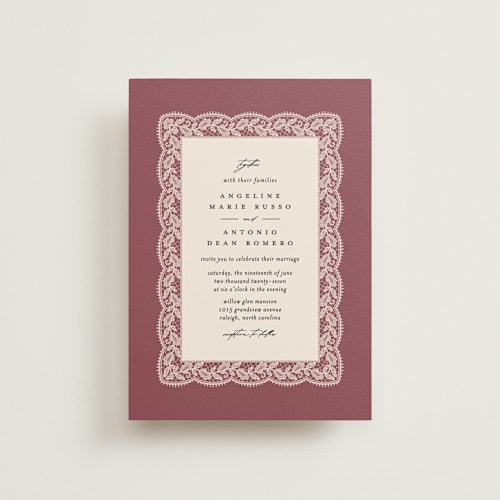 This is a mauve petite wedding invitations with standard by Erica Krystek called chantilly printing on signature in petite