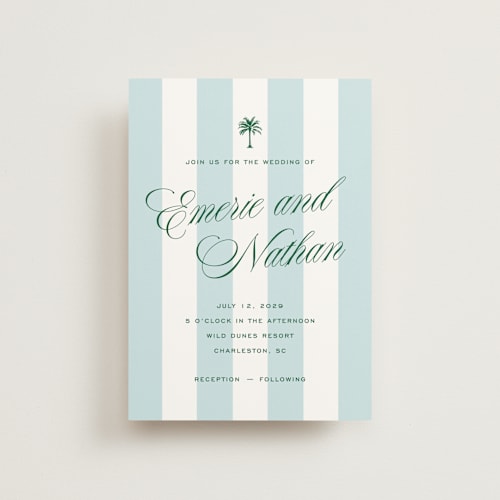 This is a low tide petite wedding invitations with standard by Susan Zinader called island palm printing on signature in petite