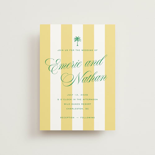 This is a limoncello petite wedding invitations with standard by Susan Zinader called island palm printing on signature in petite