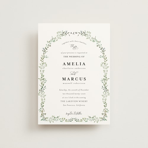 This is a mojito petite wedding invitations with standard by Susan Moyal called monogramed arch printing on signature in petite