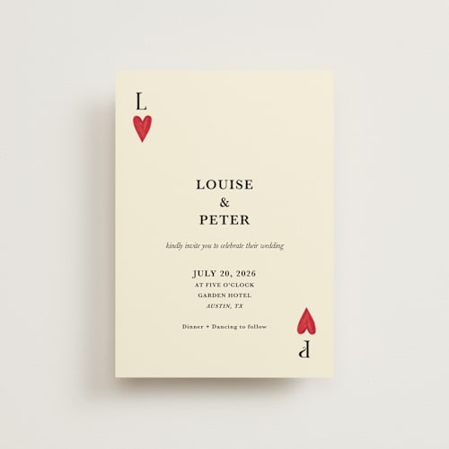 This is a champagne petite wedding invitations with standard by Helena Vitto called red hearts printing on signature in petite