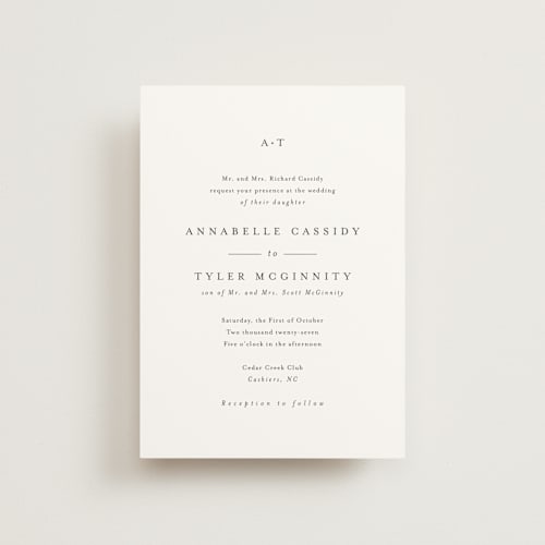 This is a cotton petite wedding invitations with standard by Stacey Meacham called cedar creek printing on signature in petite