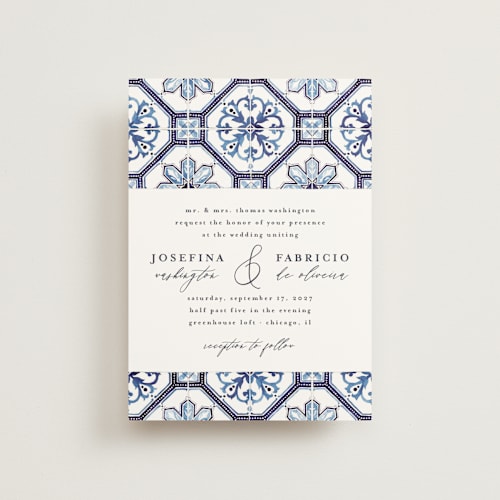 This is a azure petite wedding invitations with standard by Anastasia Makarova called watercolor azulejo printing on signature in petite