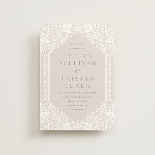 This is a cream petite wedding invitations with standard by Kristen Smith called lace trim printing on signature in petite