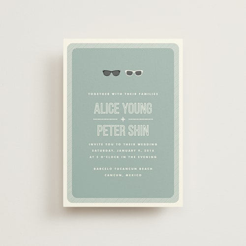 This is a celadon petite wedding invitations with standard by Olive and Violet called shades printing on signature in petite