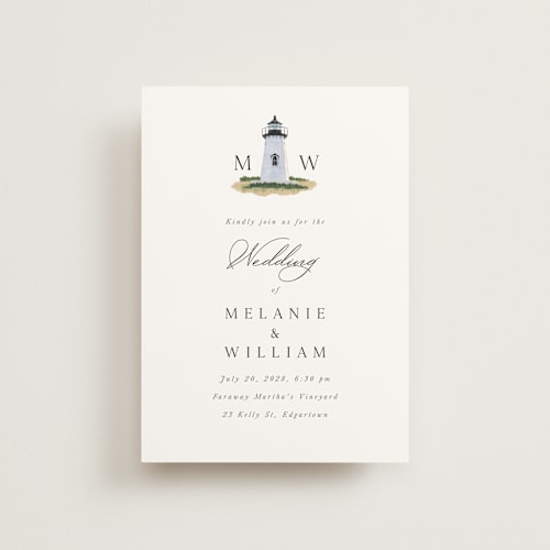 This is a snow petite wedding invitations with standard by Becky Nimoy called east coast lighthouse printing on signature in petite