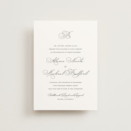 This is a pearl petite wedding invitations with standard by Jennifer Postorino called initial printing on signature in petite