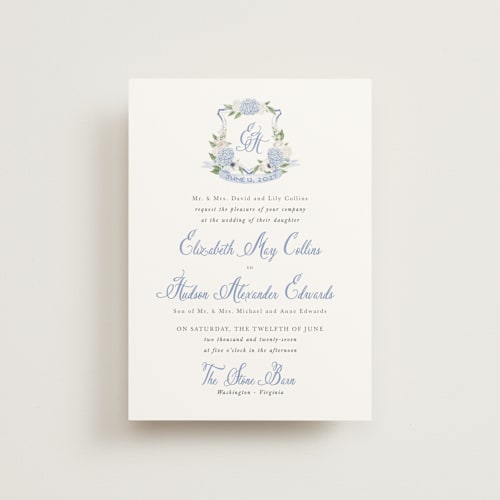 This is a periwinkle petite wedding invitations with standard by Design Lotus called sweethearts printing on signature in petite