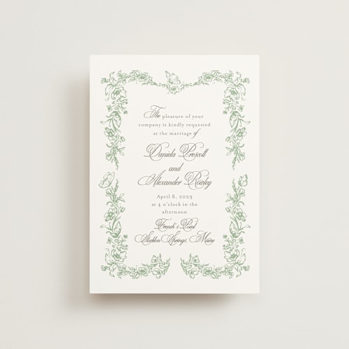 This is a mint petite wedding invitations with standard by Melinda Denison called romantic garden printing on signature in petite