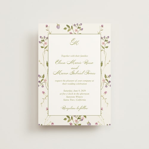 This is a cream petite wedding invitations with standard by Nicole Dragomir called wild berry watercolor printing on signature in petite