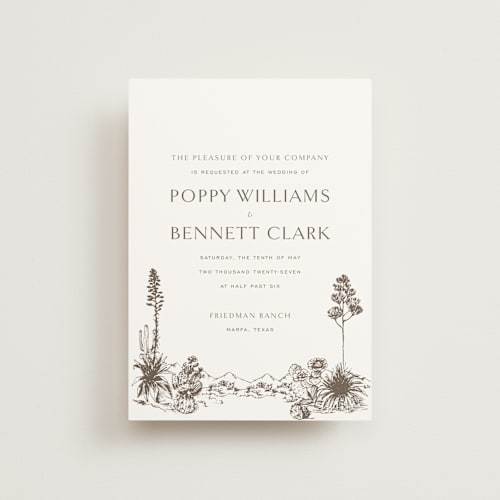 This is a pecan petite wedding invitations with standard by Megan Davis called rancho printing on signature in petite