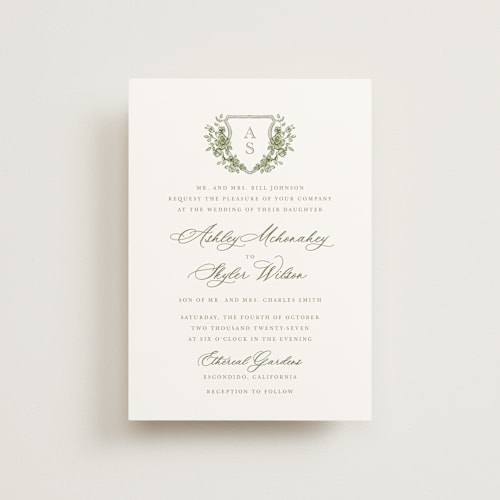 This is a moss petite wedding invitations with standard by Cass Loh called watercolor flowers crest printing on signature in petite
