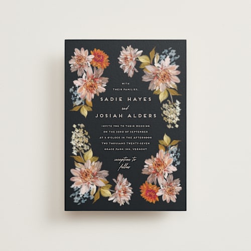 This is a navy petite wedding invitations with standard by Olivia Kanaley Inman called dahlia season printing on signature in petite