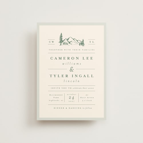 This is a pine petite wedding invitations with standard by Amy Kross called blue ridge printing on signature in petite