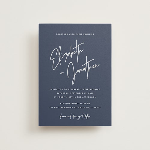 This is a navy petite wedding invitations with standard by JoAnn Jinks called marked printing on signature in petite