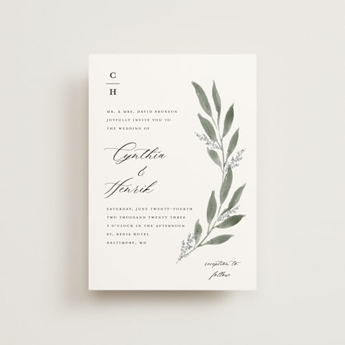 This is a heather petite wedding invitations with standard by Stacey Meacham called pressed foliage printing on signature in petite