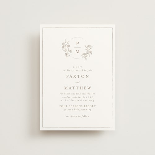This is a taupe petite wedding invitations with standard by Chris Griffith called monogrammed printing on signature in petite