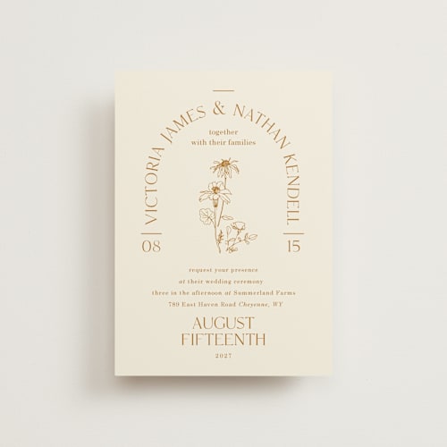 This is a cream petite wedding invitations with standard by Baumbirdy called floral type arch printing on signature in petite