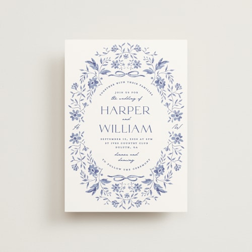 This is a blue willow petite wedding invitations with standard by Susan Zinader called daisy toile printing on signature in petite