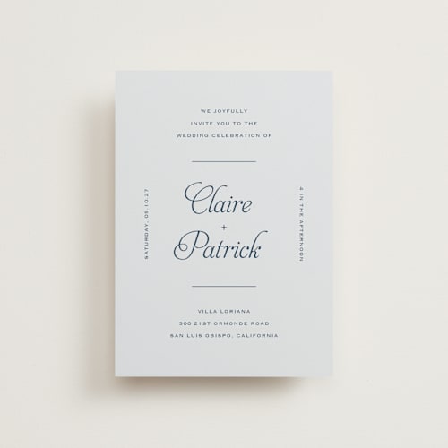 This is a powder petite wedding invitations with standard by Carolyn MacLaren called modernne printing on signature in petite