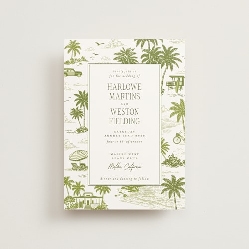 This is a palm petite wedding invitations with standard by Jenna Holcomb called beachtoile printing on signature in petite