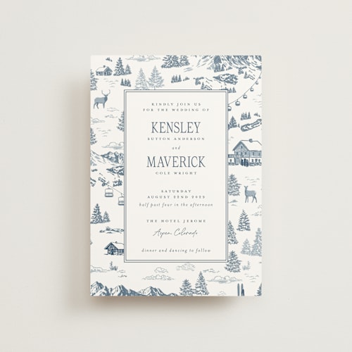 This is a denim petite wedding invitations with standard by Jenna Holcomb called aspen toile printing on signature in petite