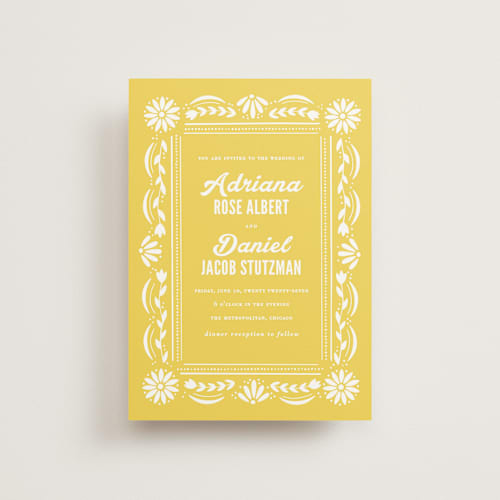 This is a sunshine petite wedding invitations with standard by Jessie Steury called pretty picado printing on signature in petite