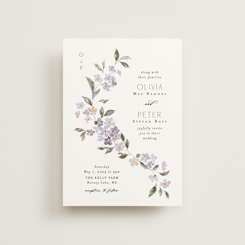 This is a periwinkle petite wedding invitations with standard by Itsy Belle Studio called sweeping vine printing on signature in petite