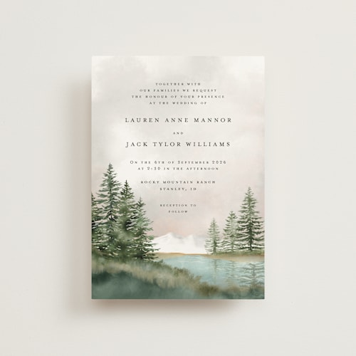 This is a forest petite wedding invitations with standard by Petra Kern called montagna printing on signature in petite