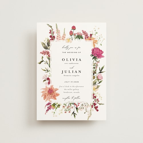 This is a magenta petite wedding invitations with standard by Susan Moyal called lush printing on signature in petite