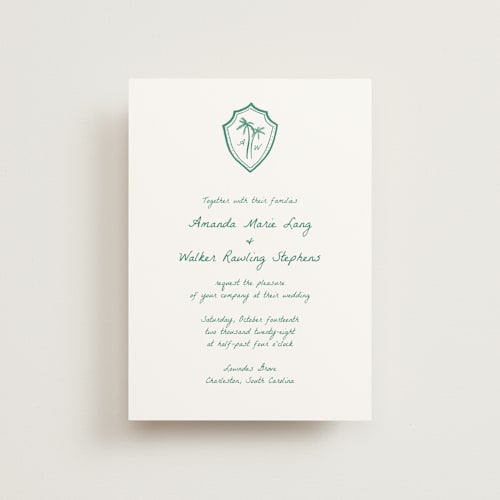 This is a palm petite wedding invitations with standard by Erika Firm called palm tree crest printing on signature in petite