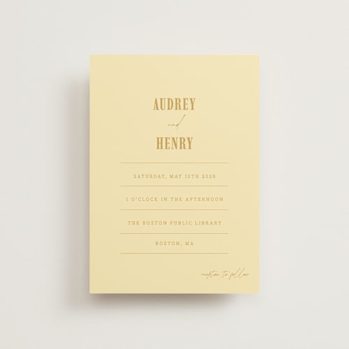 This is a butter petite wedding invitations with standard by Nazia Hyder called vintage label printing on signature in petite